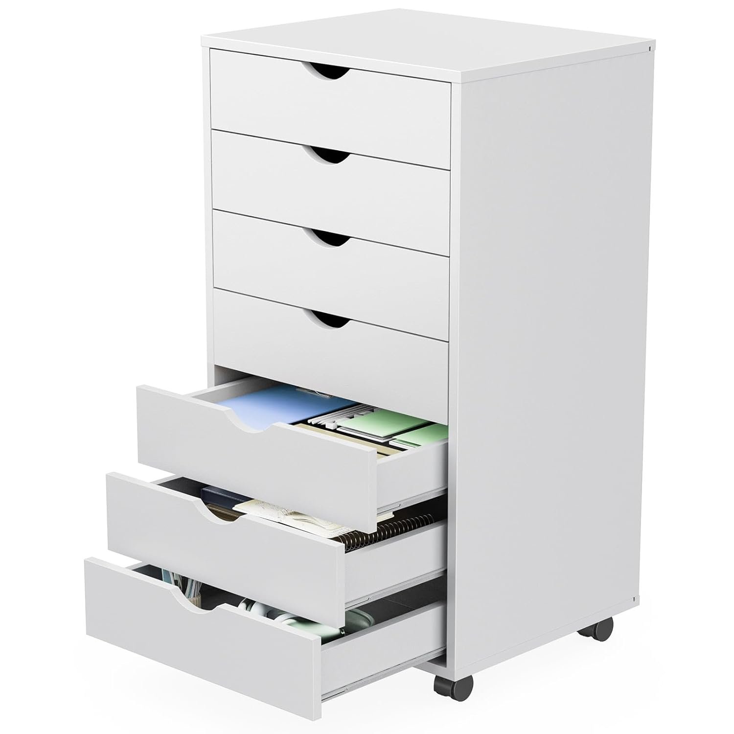 7 Drawer Chest Mobile Storage Cabinets Wooden Dresser with Wheels Room Organization Furniture for Office, Pure White : Home & Kitchen