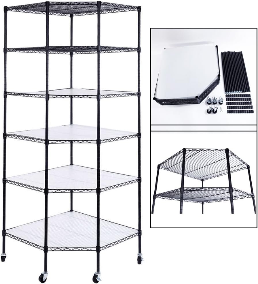 6-Tier Rolling Heavy Duty Commercial Polygonal Corner Shelf Wire Shelving Unit Adjustable Storage Rack Free Standing Garage with 5 Wheels 26 4/5" L x 26 4/5" W x 71" H Inches (Black)