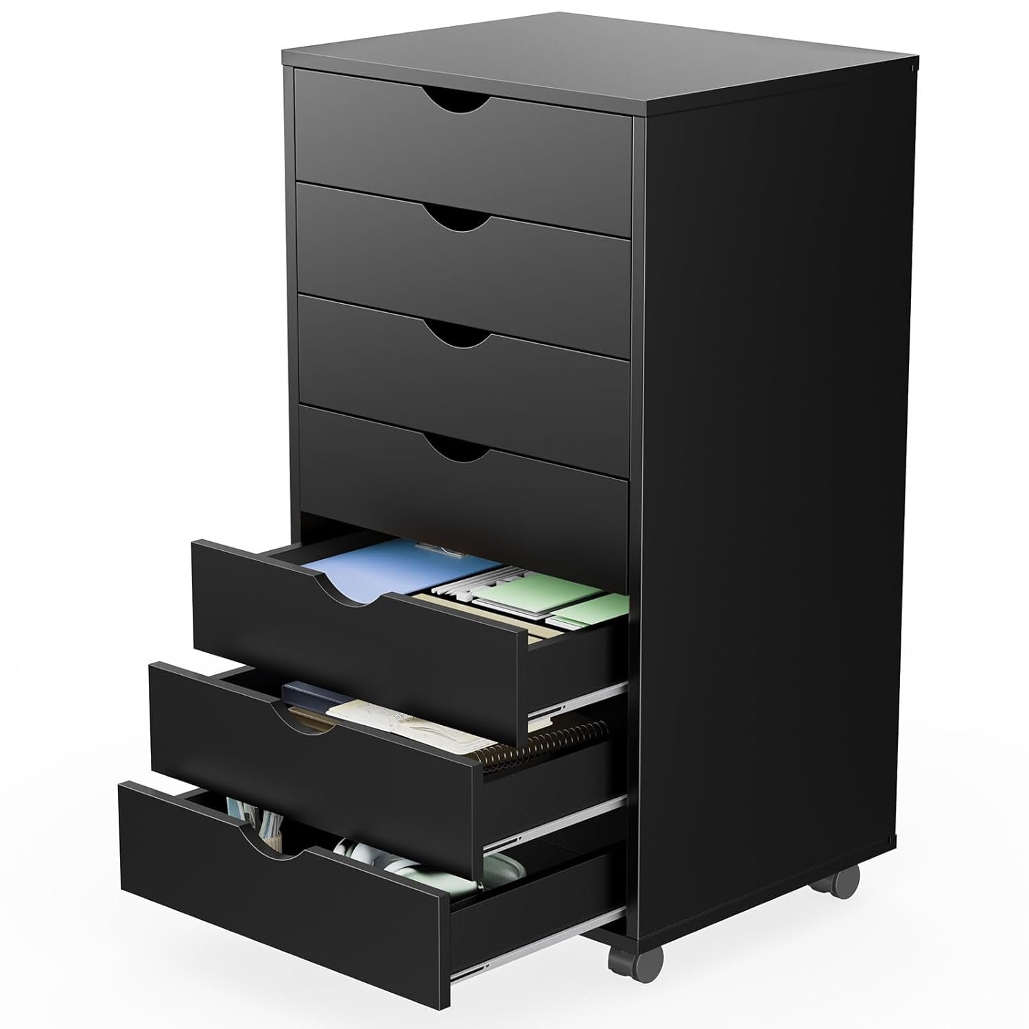 7 Drawer Chest Mobile Storage Cabinets Wooden Dresser with Wheels Room Organization Furniture for Office Home, Black Wood : Home & Kitchen