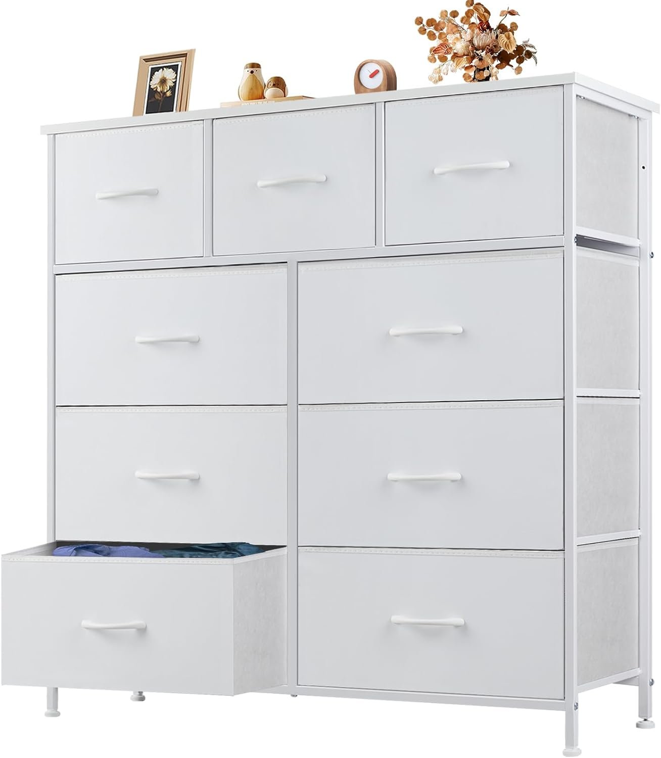 9 Drawer Storage Dresser with Wood Top - Wide Fabric Chest Organizer for Bedroom, Closet, Living Room,Tower Cabinet, TV Stand, Hallway Entryway Furniture,Bright White