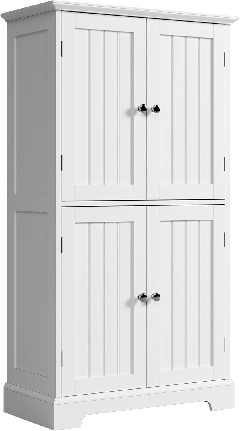 Bathroom Floor Cabinet, Modern Bathroom Storage Cabinet with 4 Doors and Adjustable Shelves, Freestanding Cupboard for Living Room, White