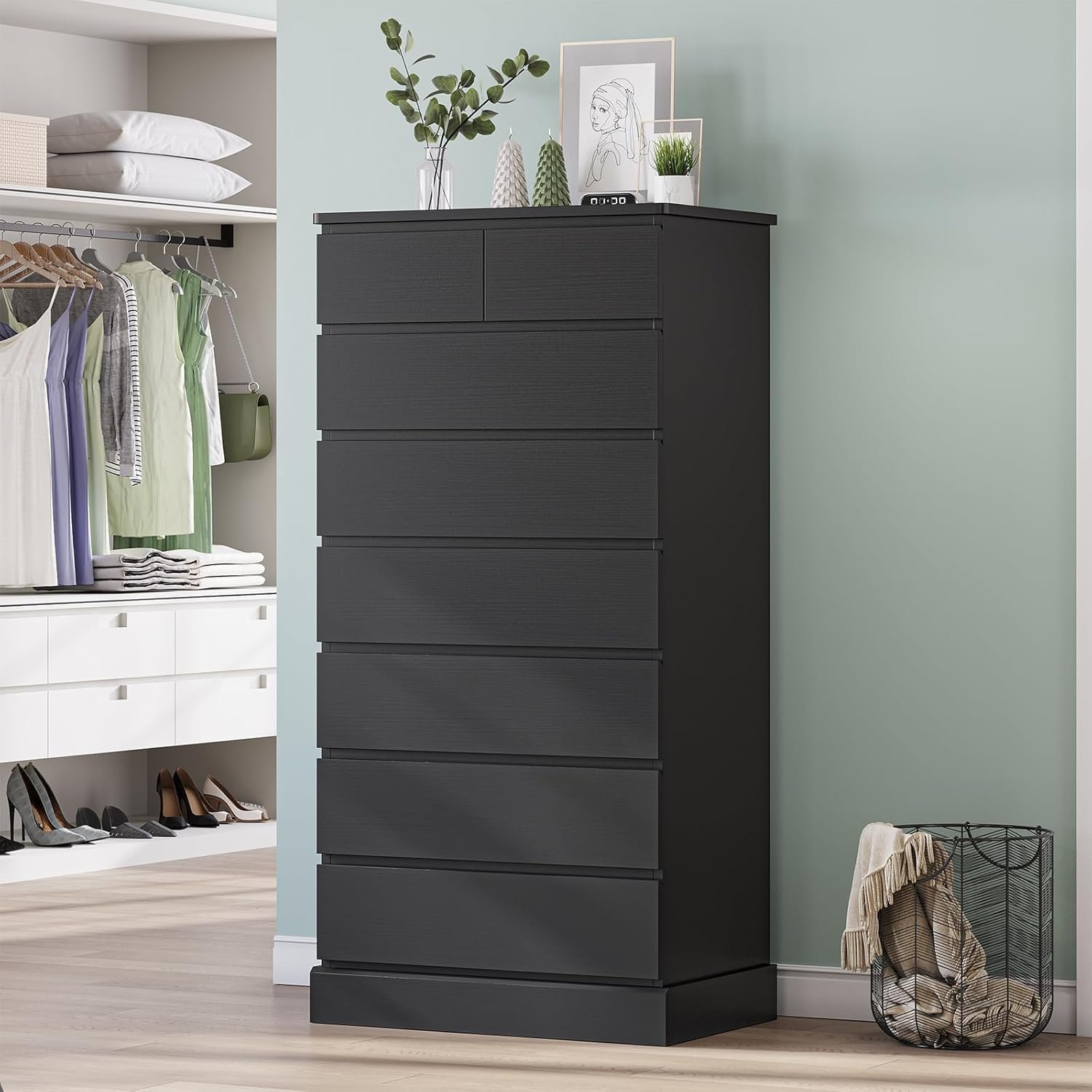 Black Tall Dresser for Bedroom with 8 Drawers, 59.6" Tall Dressers & Chests of Drawers, Modern Wood Closet Organizer and Storage Cabinet, Large Vertical Dresser for Bedroom, Closet, Hallway : Home & Kitchen