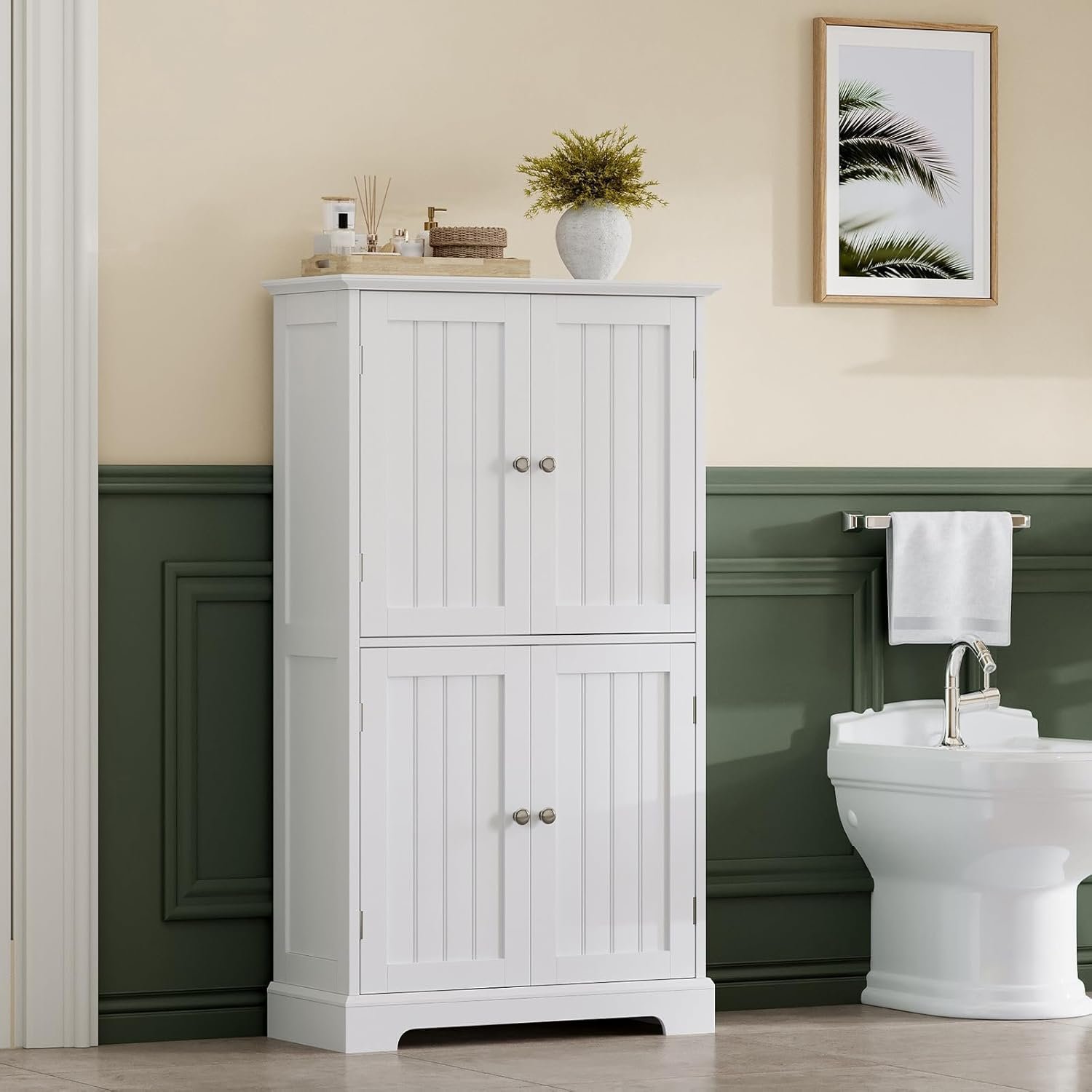 Bathroom Floor Cabinet, Modern Bathroom Storage Cabinet with 4 Doors and Adjustable Shelves, Freestanding Cupboard for Living Room, White - Image 2