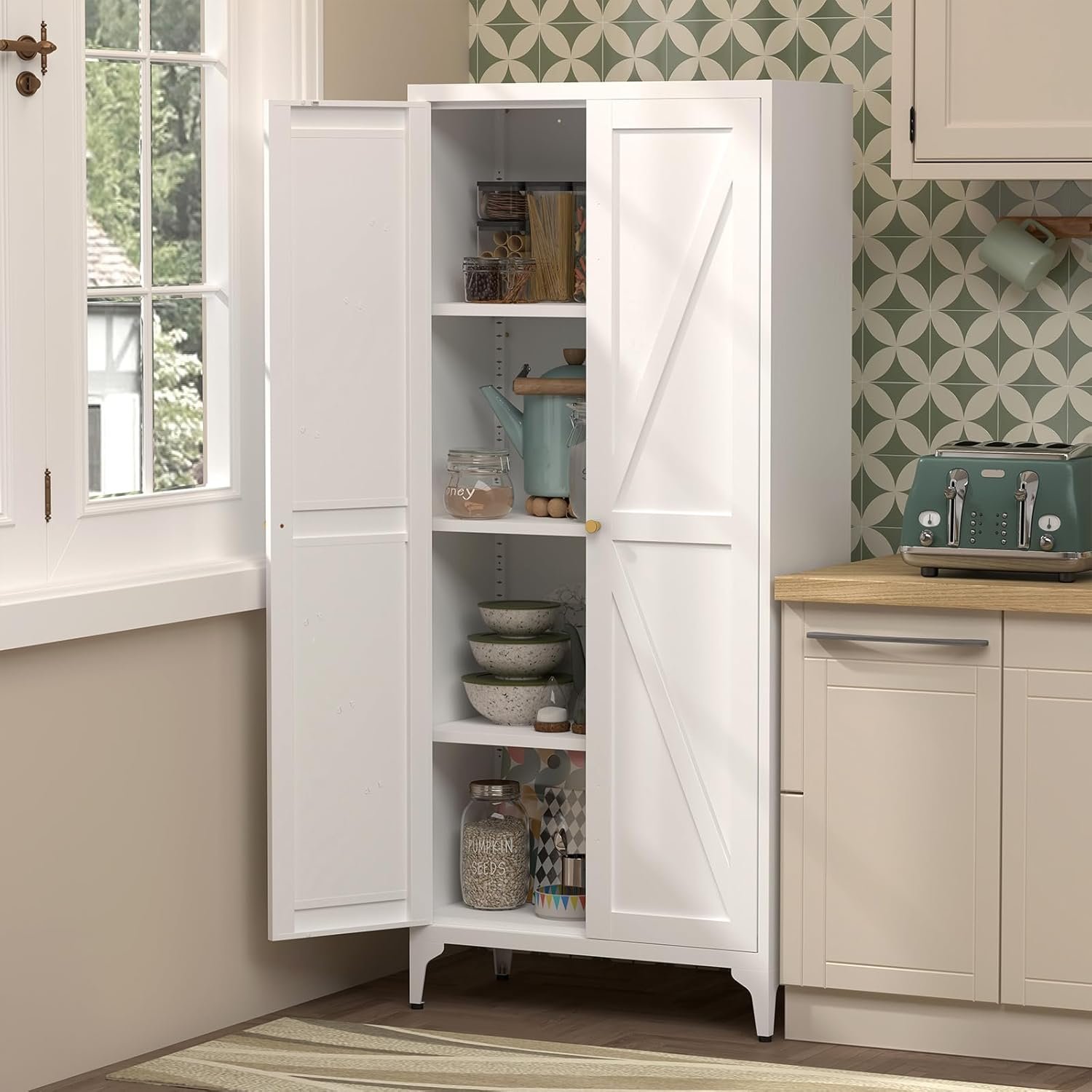 65" Tall Metal Pantry Cabinet with Doors and 3 Adjustable Shelves, White Storage Cabinet with Leveling Feet for Kitchen, Laundry Room, Office - Image 2