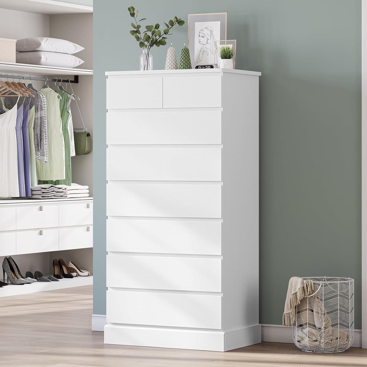 White Tall Dresser for Bedroom with 8 Drawers, 59.6" Tall Dressers & Chests of Drawers, Modern Wood Closet Organizer and Storage Cabinet, Large Vertical Dresser for Bedroom, Closet, Hallway : Home & Kitchen