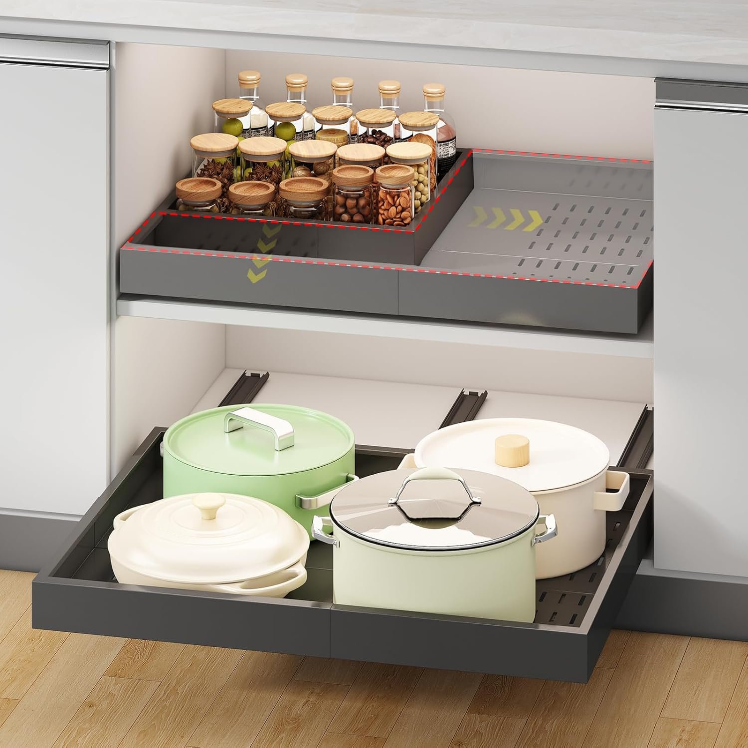 Pull out Cabinet Organizer,Width (14"-21") and Depth (17"-24") Expandable With 3 Rails,No Drill Adjustable Slide out Drawers for Kitchen,Pantry,Adhesive Roll out Shelves,for Cabinets Without Lip,Black : Home & Kitchen