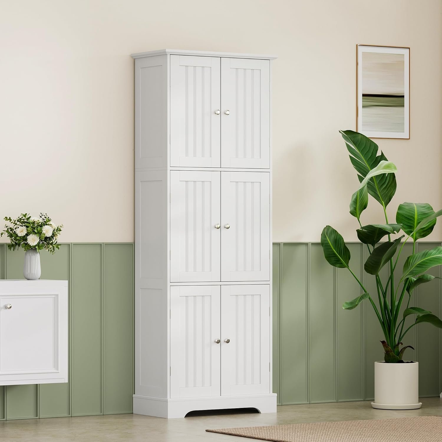 Tall Bathroom Storage Cabinet with 6 Doors, Freestanding Floor Cabinet with Adjustable Shelves, White Pantry Cabinet for Bathroom, Kitchen, Laundry Room - Image 2