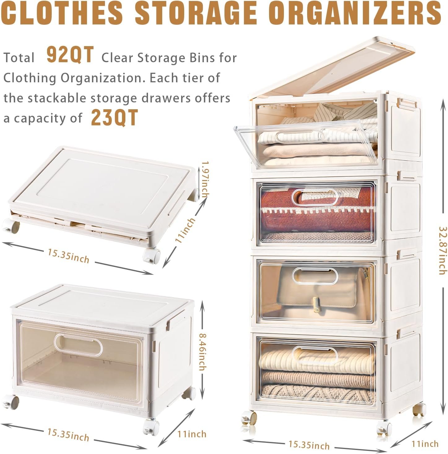 4-Tier Stackable Storage Bins with Lid, 23QT Storage Containers,Clear Foldable Plastic Drawer Storage on Wheels,Closet Organizers and Storage for Living Room,Bedroom,Office,Dorm - Image 2