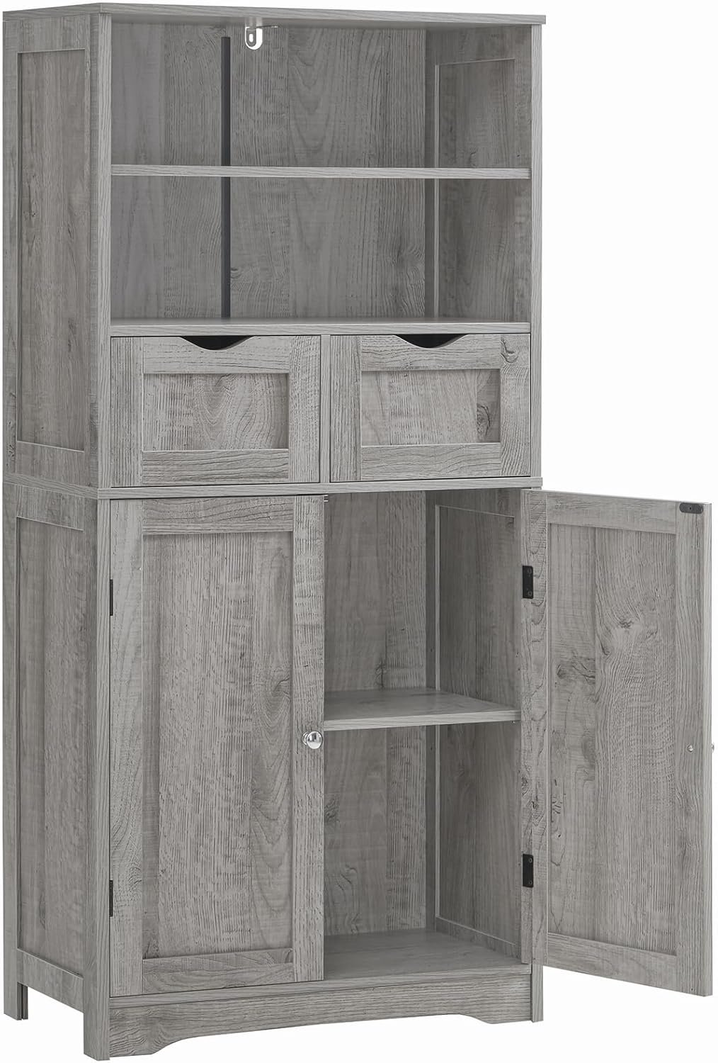 Storage Cabinet with 2 Drawers & Adjustable Shelf, Tall Bathroom Cabinet with Doors, Cupboard, Kitchen Cabinets for Living Room, Dining Room, Entryway, Grey