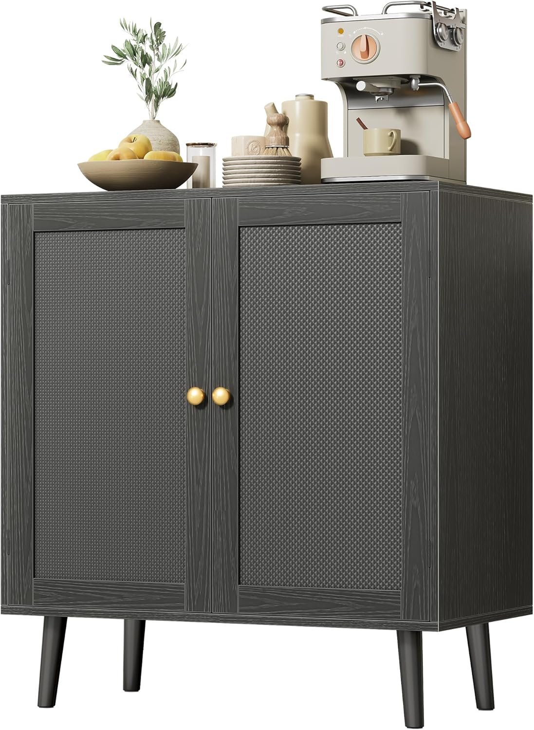 Buffet Cabinet with Storage, Storage Cabinet with PE Rattan Decor Doors, Accent Sideboard Buffet with Solid Wood Feet, for Hallway, Entry, Living Room, All Black