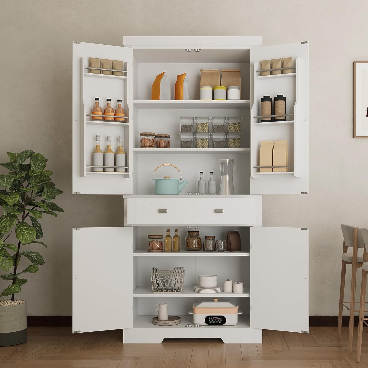 72" Tall Kitchen Pantry Cabinet with 6 Door Shelves, 2 Cabinets & 4 Adjustable Shelves, Freestanding Storage Cabinet for Kitchen, Living Room, Dining Room, White - Image 2