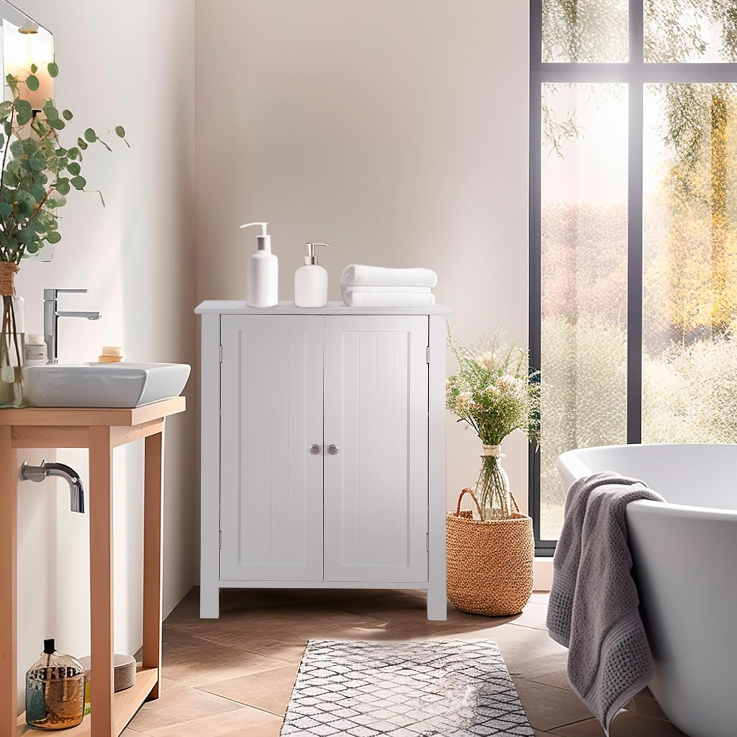 Bathroom Floor Storage Cabinet with Double Door + Adjustable Shelf, Wooden Organizer Cabinet for Living Room, Bathroom, Bedroom, Modern Home Furniture (White) - Image 2