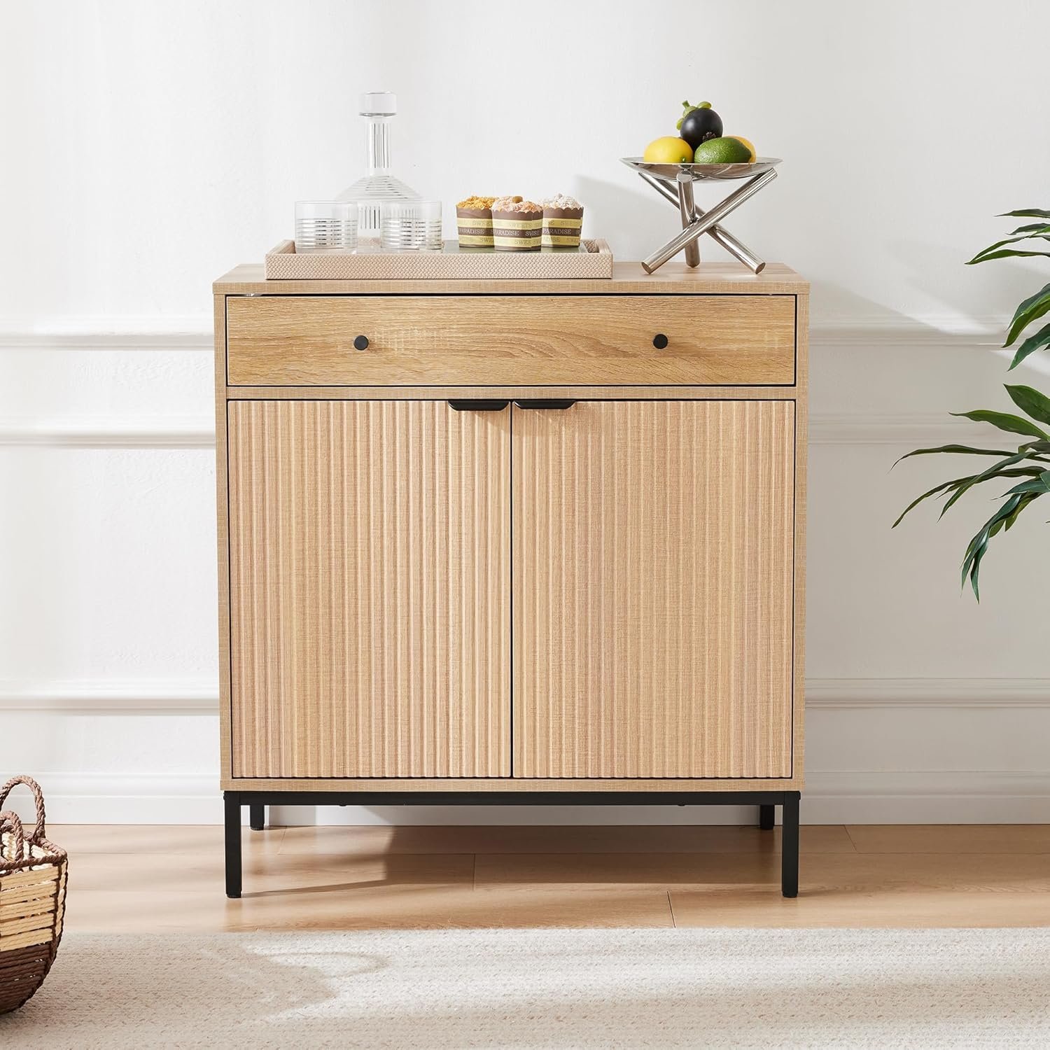 Farmhouse Buffet Sideboard Cabinet with Storage, Fluted Coffee Bar with Doors and Adjustable Shelves, Modern Wood Cabinet for Kitchen, Livingroom (Fluted 2 Door, Natural) | with Drawer, Farmhouse, Kitchen Storage, with Doors, Adjustable Shelves, Cupboard