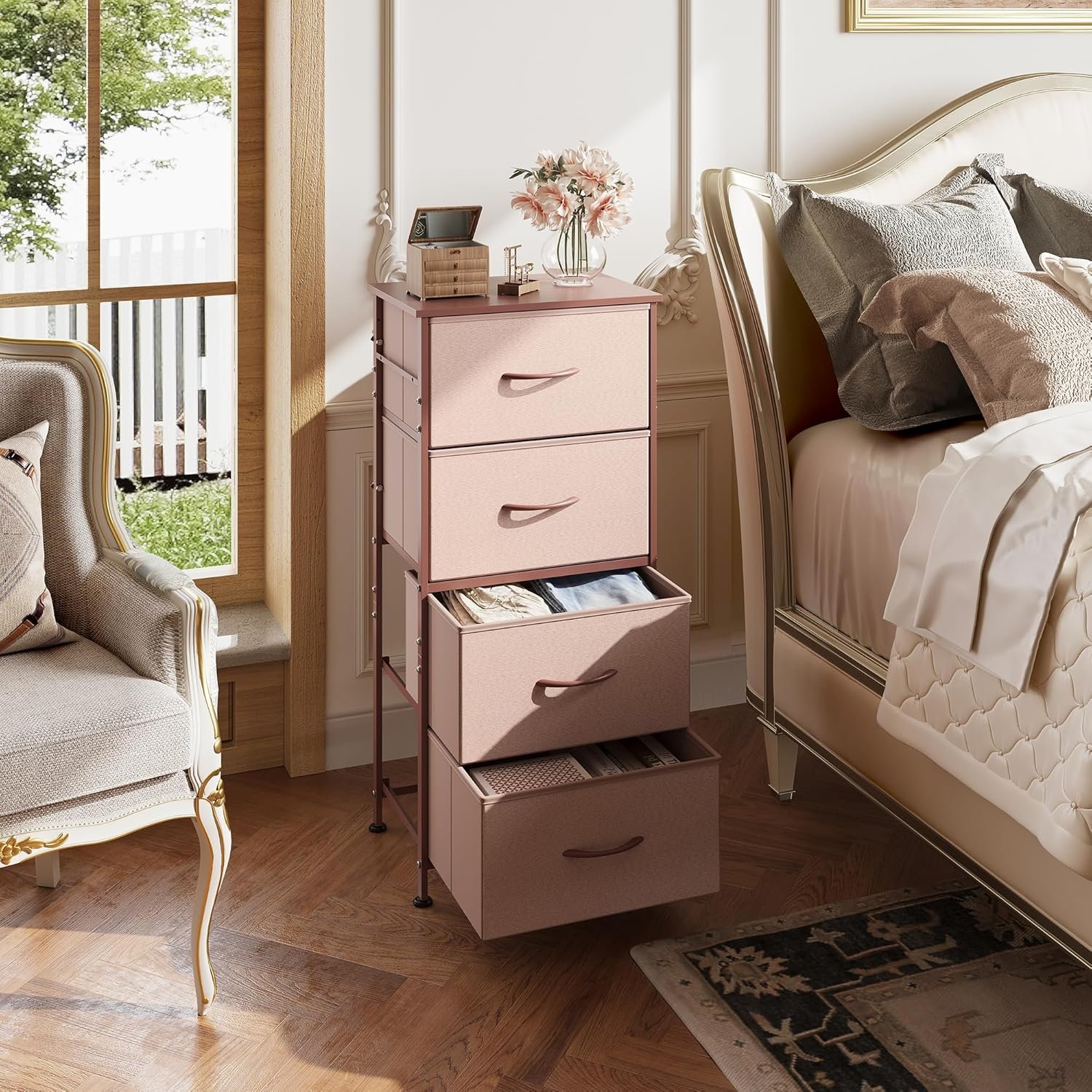 4 Drawers Dresser for Bedroom, Pink Rose Gold Fabric Clothes Storage Organizer Unit, Dresser for Hallway, Entryway, Closets, Sturdy Steel Frame, Wood Top : Home & Kitchen - Image 2